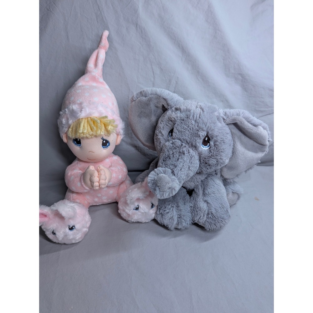 Precious Moments Plush Set Elephant and Praying Doll SHE WORKS Musical Pink Gray
